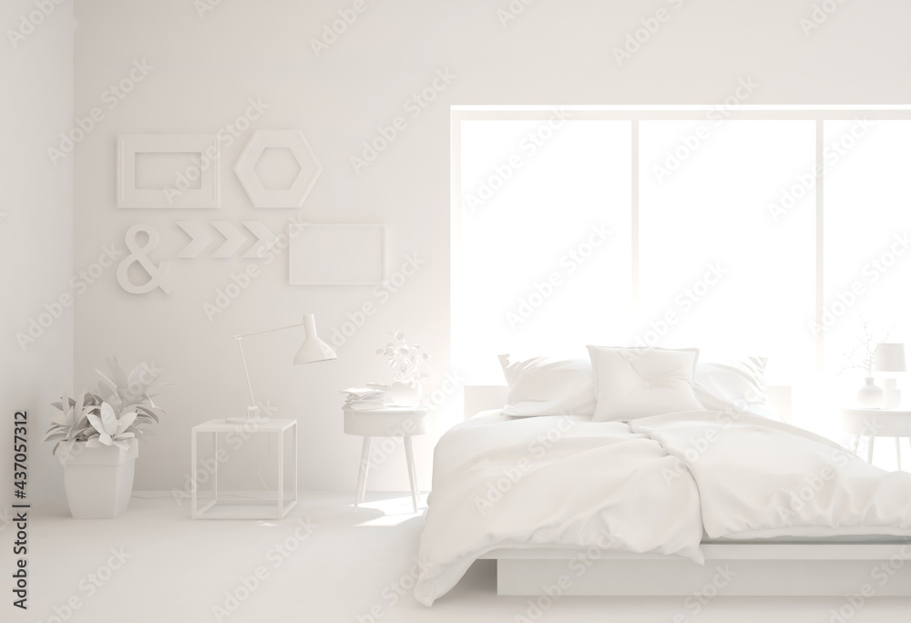 Modern bedroom in white color. Scandinavian interior design. 3D illustration