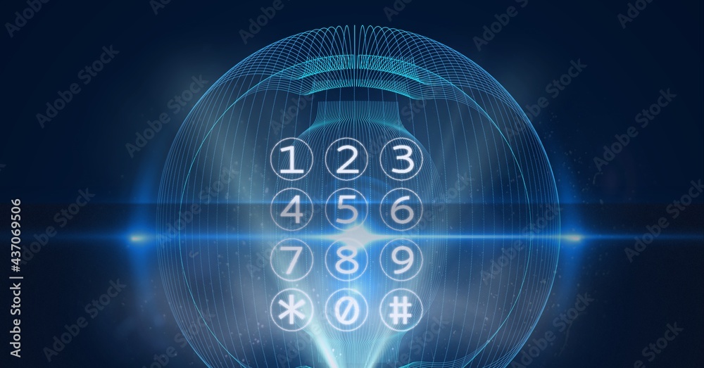 Composition of interface with telephone numeric keypad with holographic curved lights on black