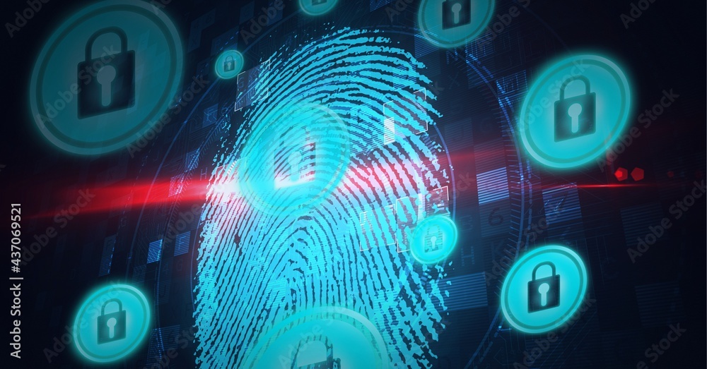 Composition of biometric fingerprint with online security padlock icons