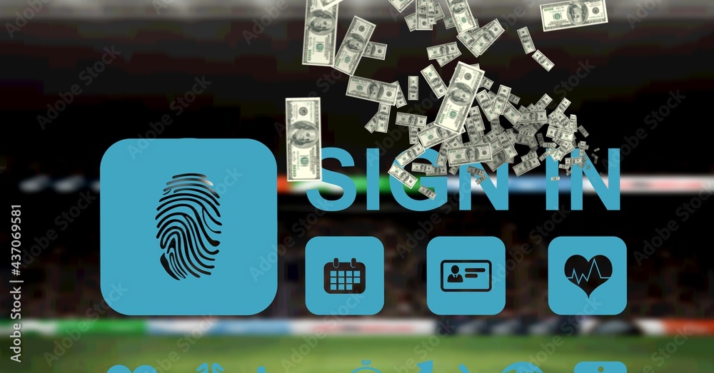 Composition of american dollar bills falling over biometric fingerprint and icons and sports stadium