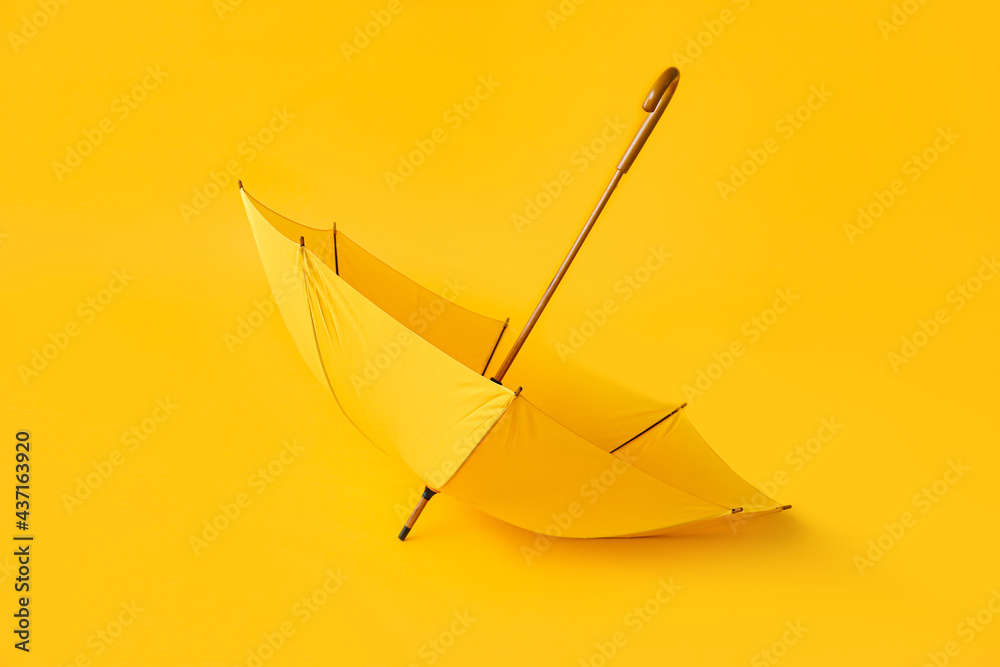 Stylish yellow umbrella on color background