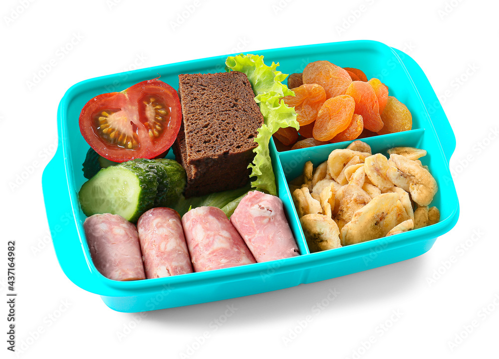 Lunchbox with tasty food on white background