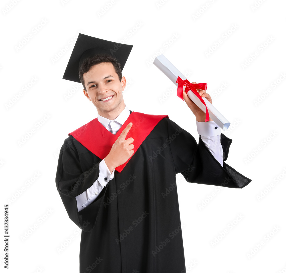 Male graduating student on white background