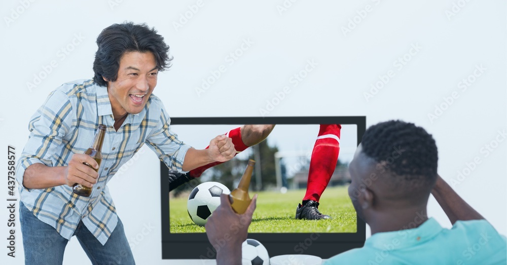 Compostion of diverse male friends watching football match on tv on white background