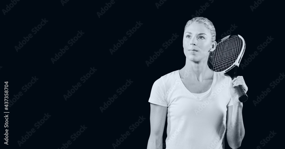 Compostion of female tennis player on black background