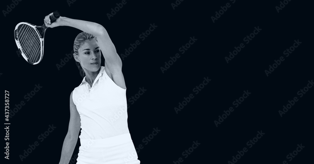 Compostion of female tennis player on black background