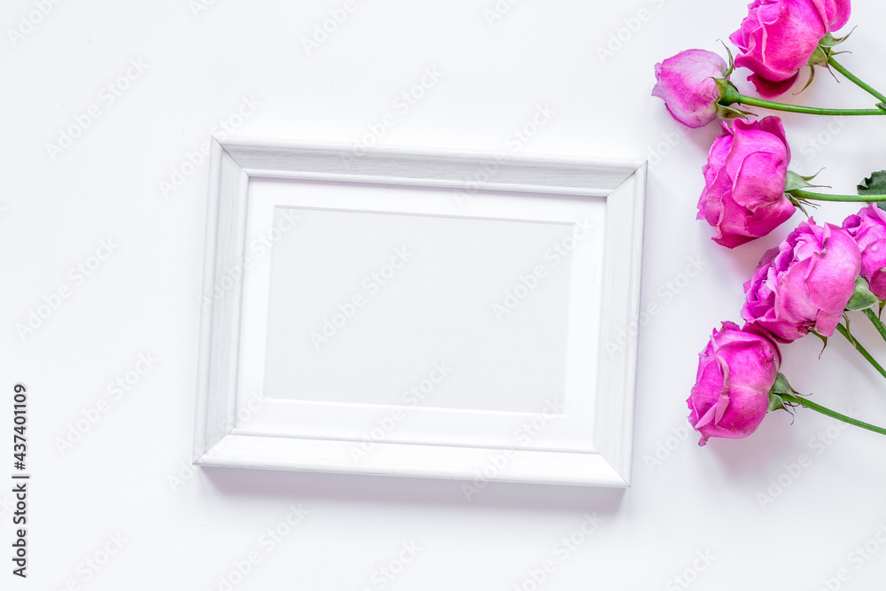 pink peony and frame for present on white background top view mockup