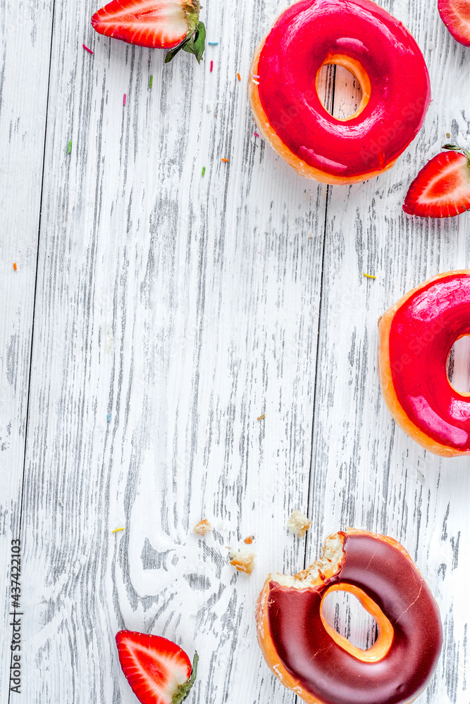 lunch with donuts on wooden table background top view mock up