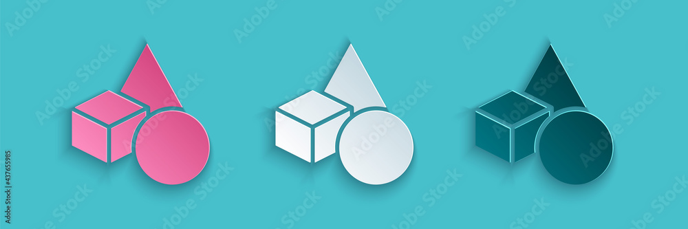 Paper cut Basic geometric shapes icon isolated on blue background. Paper art style. Vector