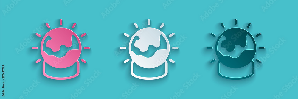 Paper cut Magic ball icon isolated on blue background. Crystal ball. Paper art style. Vector