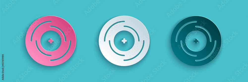 Paper cut Vinyl disk icon isolated on blue background. Paper art style. Vector