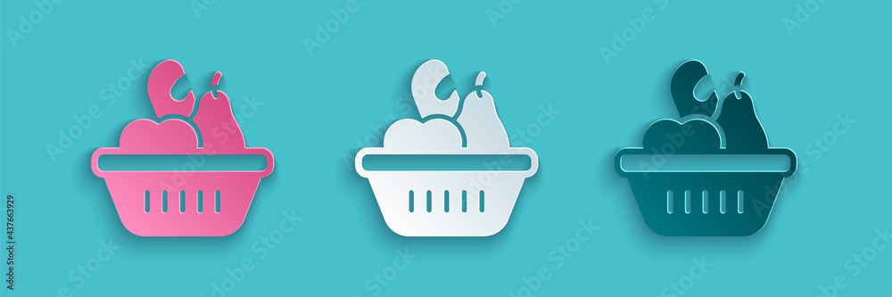 Paper cut Donation food box icon isolated on blue background. Paper art style. Vector