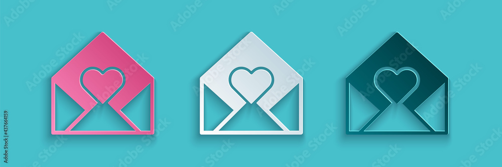 Paper cut Envelope with Valentine heart icon isolated on blue background. Message love. Letter love 