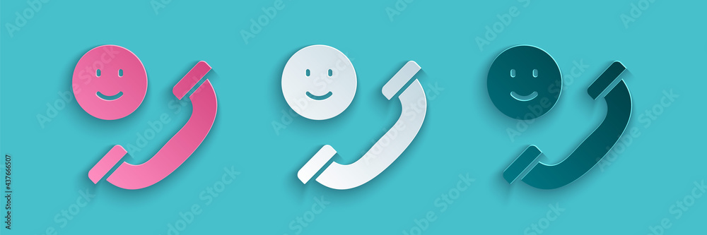 Paper cut Incoming call on mobile phone icon isolated on blue background. Friends call. Paper art st