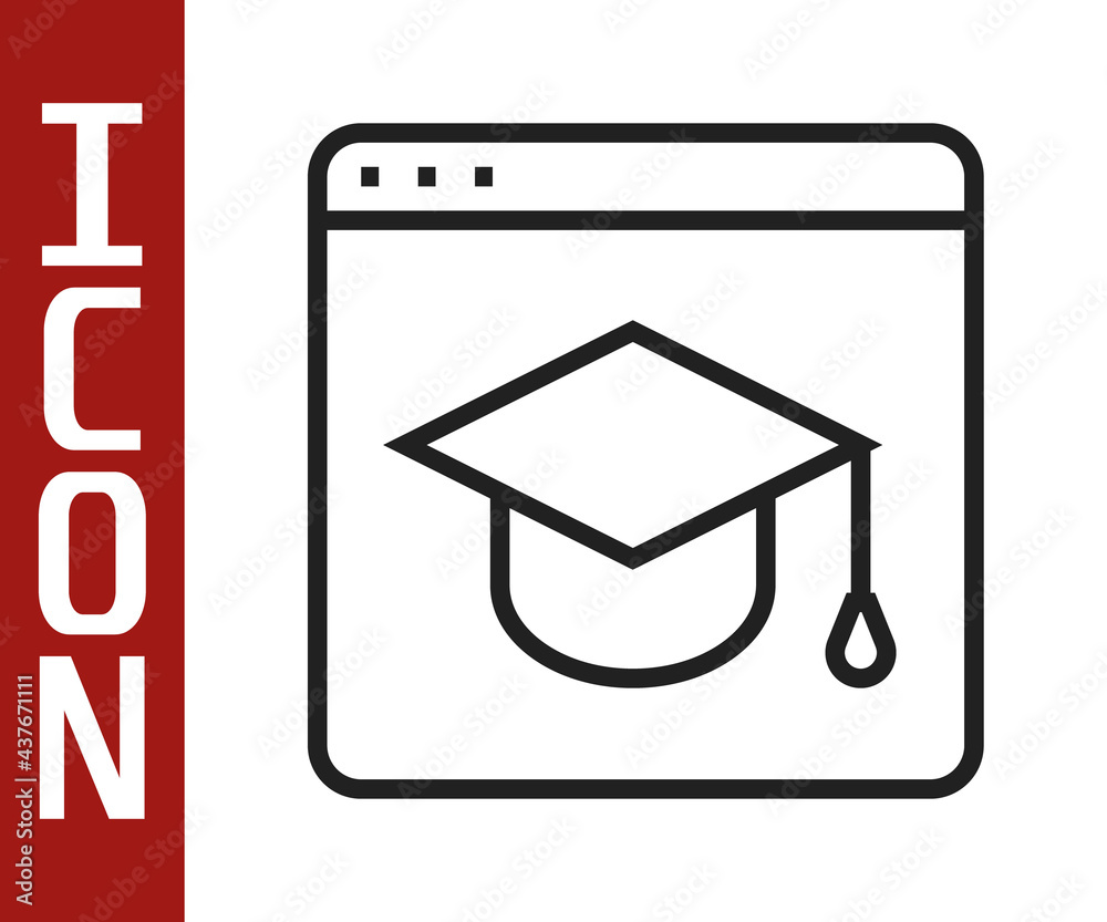 Black line Online education and graduation icon isolated on white background. Online teacher on moni