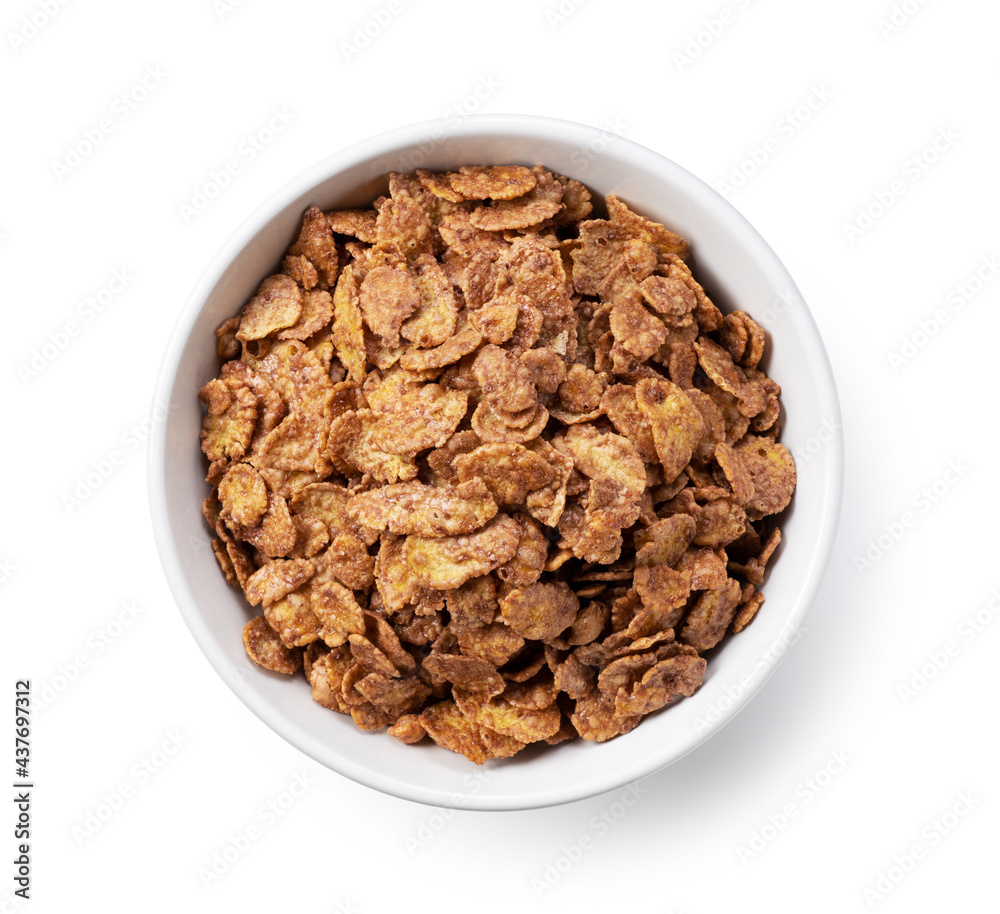 Chocolate cornflakes in a white ceramic bowl.