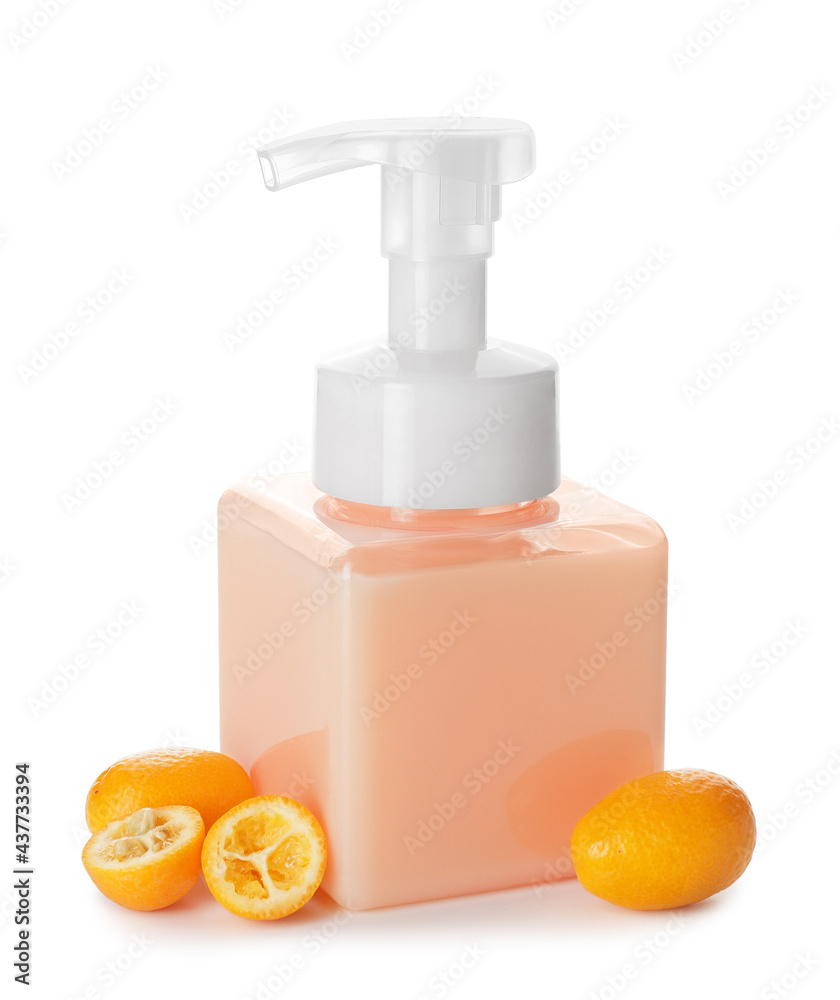 Bottle of natural cosmetics with citrus fruit on white background