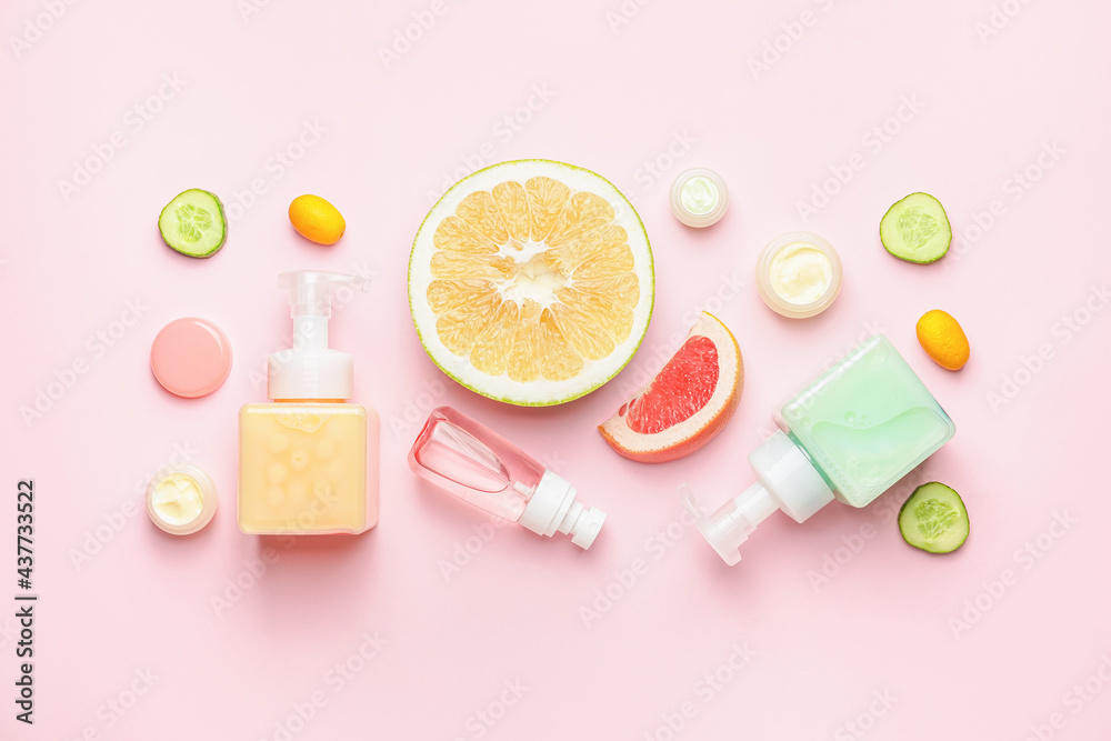 Natural cosmetic products on color background