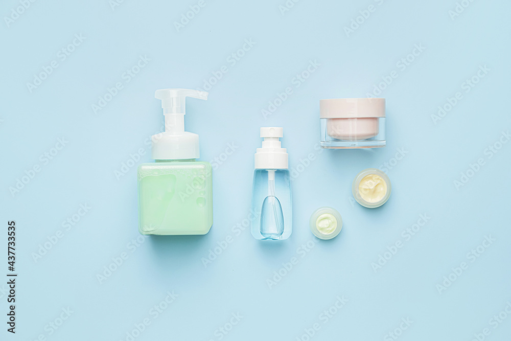 Natural cosmetic products on color background