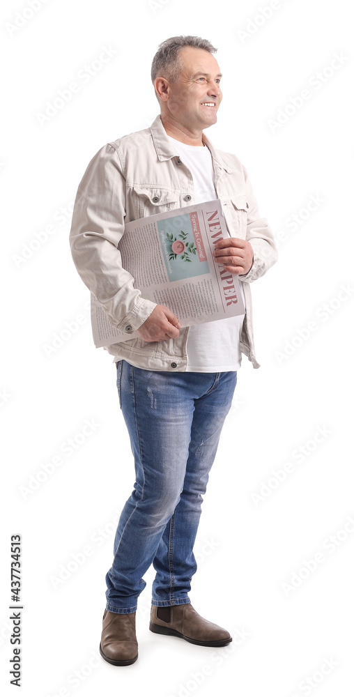 Mature man with newspaper on white background