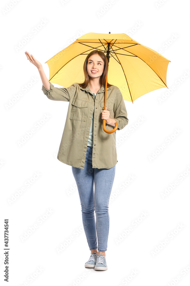 Stylish young woman with umbrella on white background