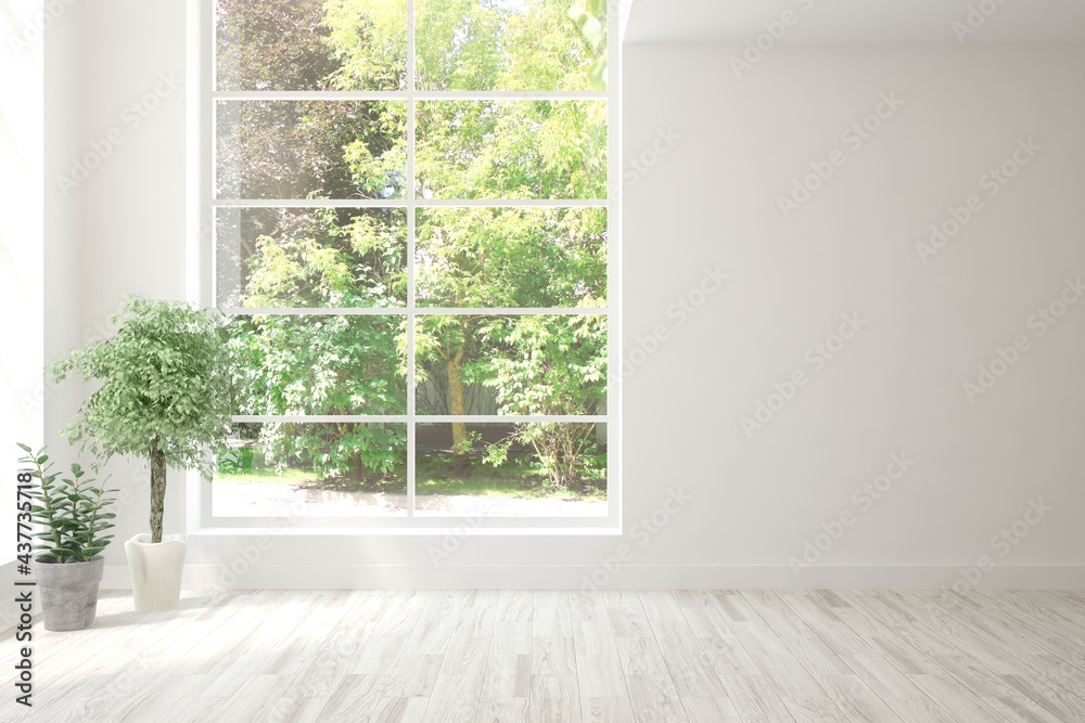 Stylish empty room in white color with summer landscape in window. Scandinavian interior design. 3D 