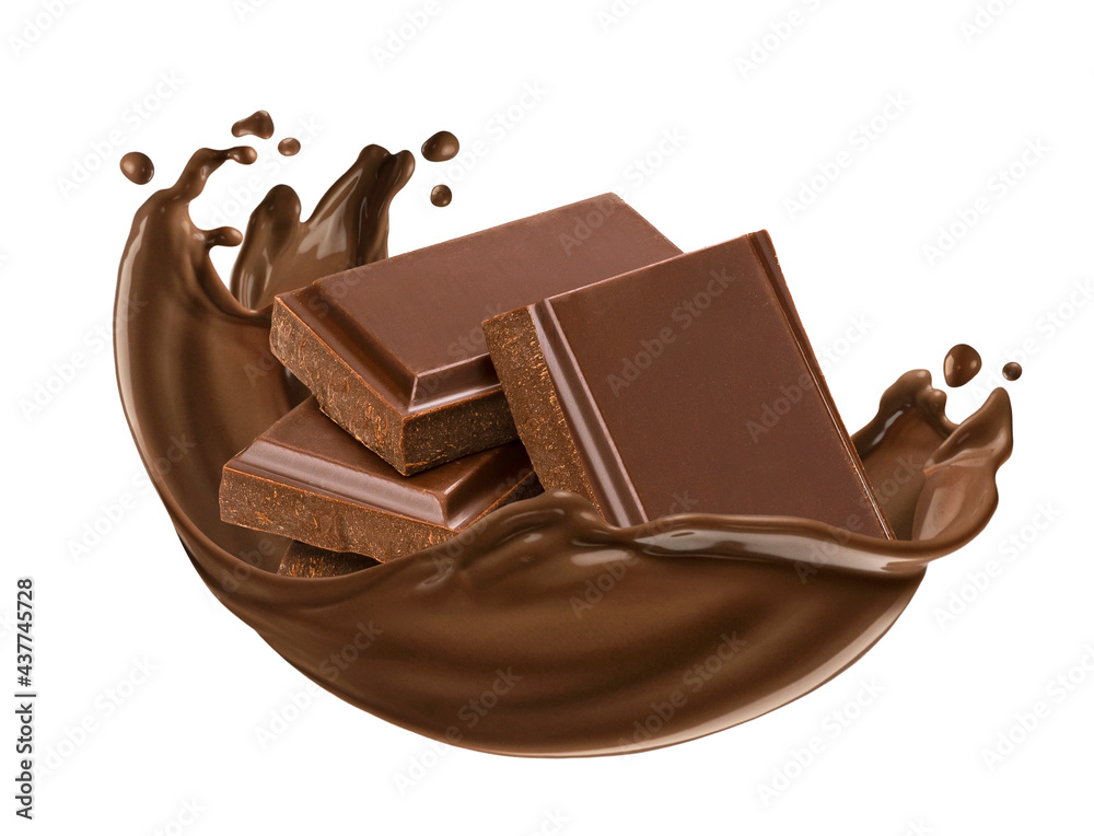 Chocolate bar with chocolate splash isolated on white background