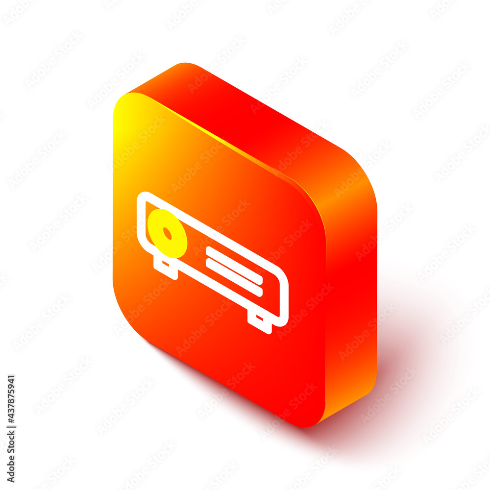 Isometric line Presentation, movie, film, media projector icon isolated on white background. Orange 