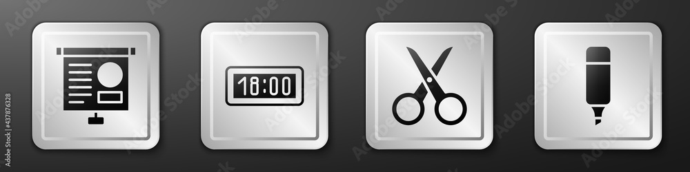 设置带图表的黑板、数字闹钟、剪刀和记号笔图标。银色方形按钮