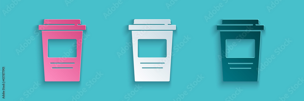 Paper cut Coffee cup to go icon isolated on blue background. Paper art style. Vector