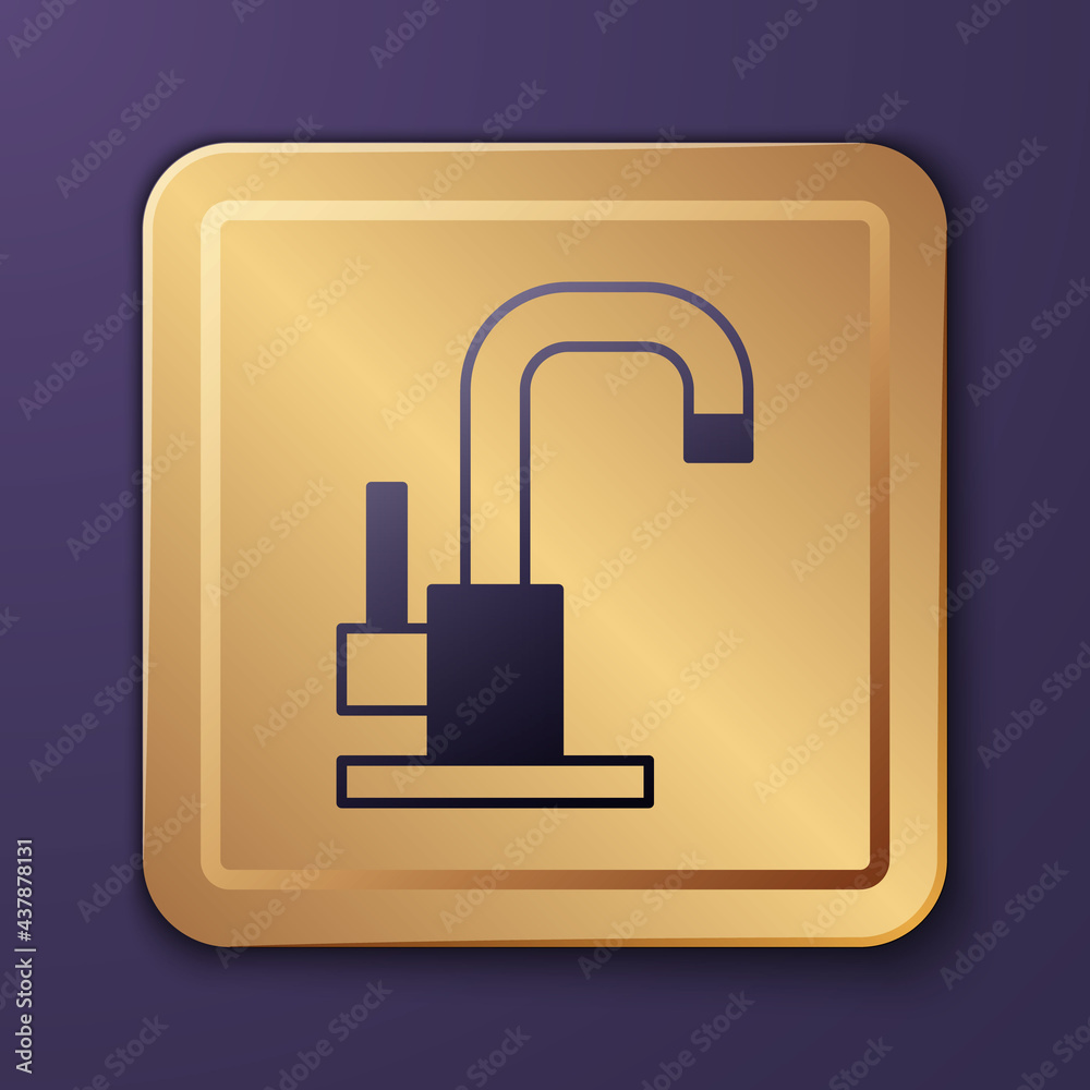 Purple Water tap icon isolated on purple background. Gold square button. Vector