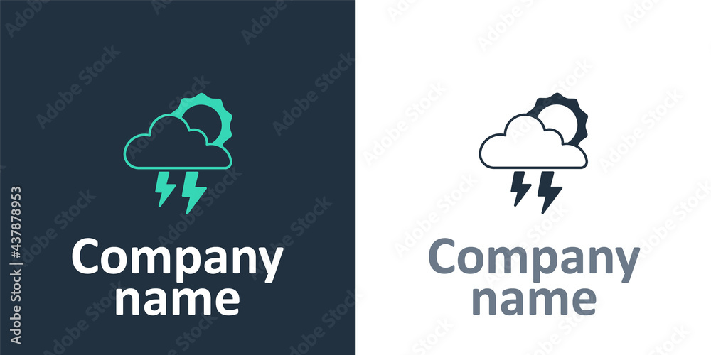 Logotype Storm icon isolated on white background. Cloud with lightning and sun sign. Weather icon of