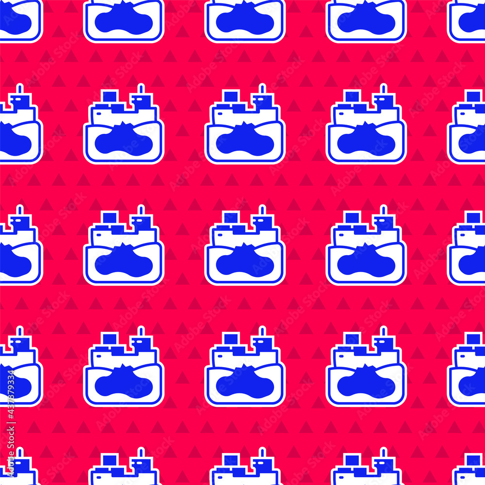 Blue Wrecked oil tanker ship icon isolated seamless pattern on red background. Oil spill accident. C