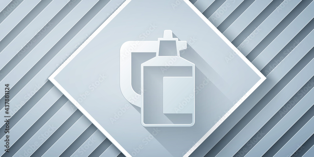 Paper cut Garden sprayer for water, fertilizer, chemicals icon isolated on grey background. Paper ar