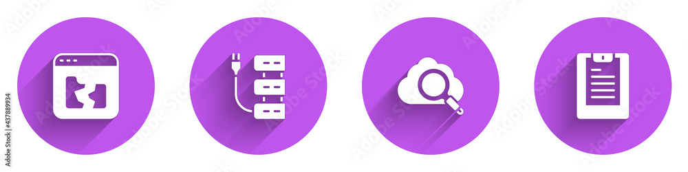 用长阴影设置Broken文件、服务器、搜索云计算和数据报告图标。Vector