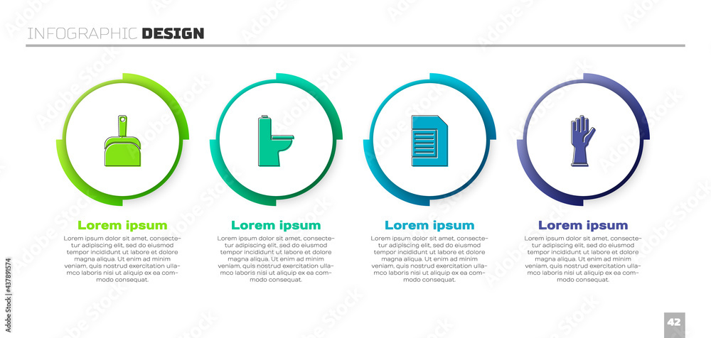 设置除尘器、抽水马桶、洗衣液和橡胶手套。商业信息图模板。Vector