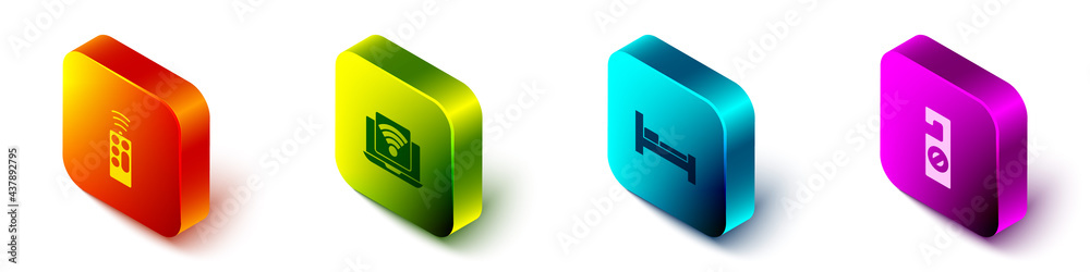 Set Isometric Remote control, Wireless laptop, Hotel room bed and Please do not disturb icon. Vector