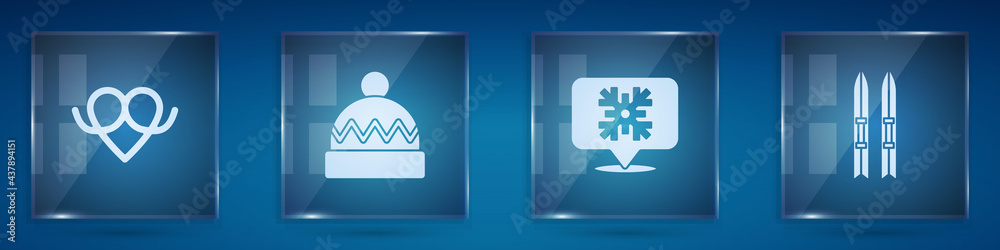 Set Pretzel, Winter hat, Snowflake speech bubble and Ski and sticks. Square glass panels. Vector