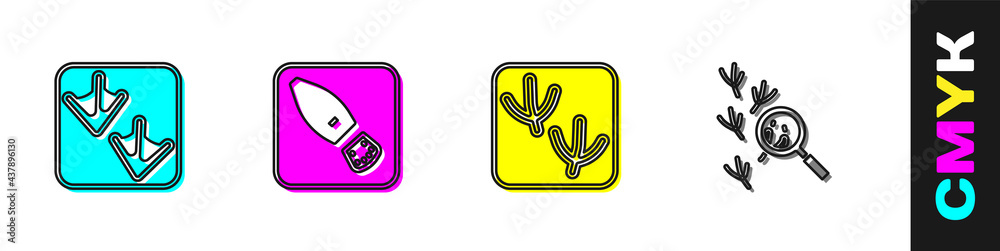 Set Goose paw footprint, Human footprints shoes, Dove and Bird icon. Vector