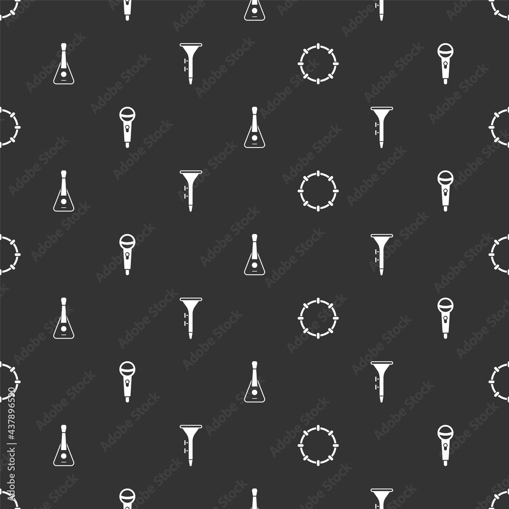 Set Tambourine, Microphone, Guitar and Drum and drum sticks on seamless pattern. Vector