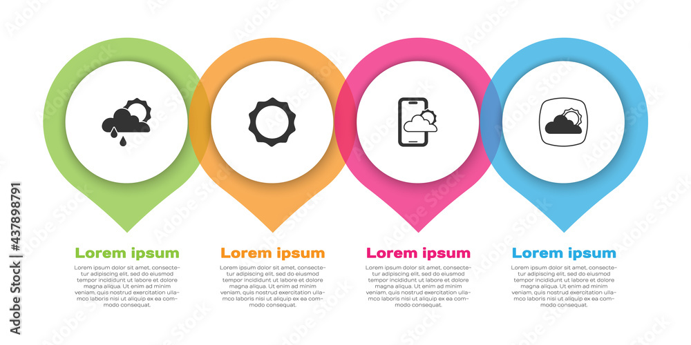 Set Cloud with rain and sun, Sun, Weather forecast and . Business infographic template. Vector