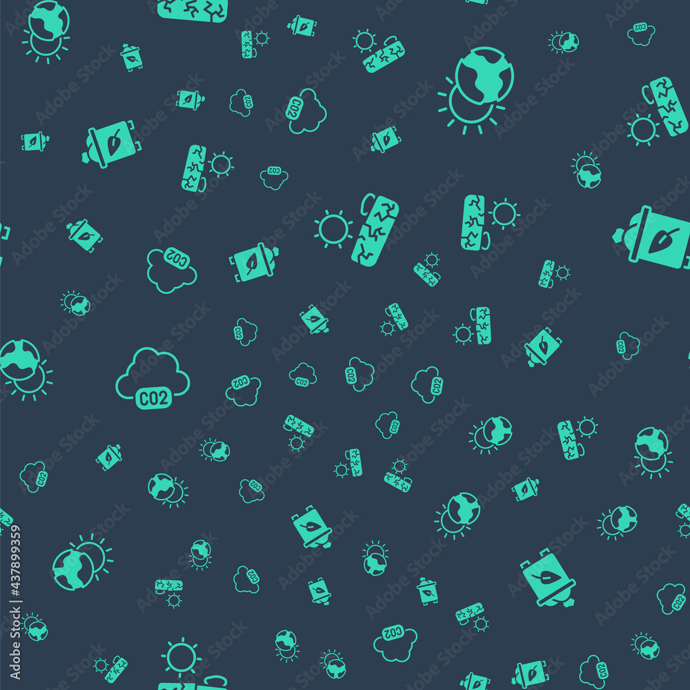 Set Drought, Global warming, CO2 emissions cloud and Recycle bin with recycle on seamless pattern. V