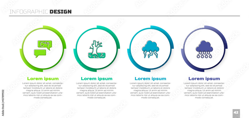 将全球变暖、树木枯萎、风暴和云层与雨水结合。商业信息图模板。Vector