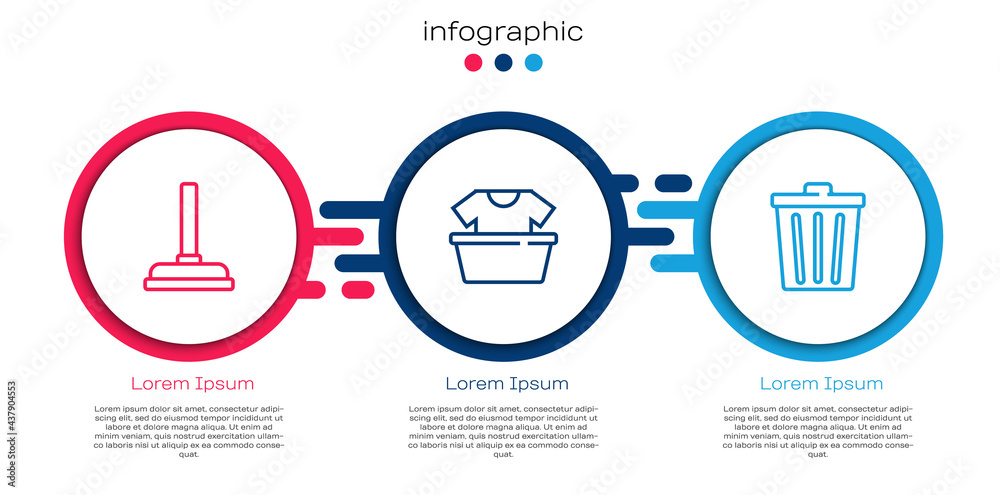 Set line Rubber plunger, Basin with shirt and Trash can. Business infographic template. Vector