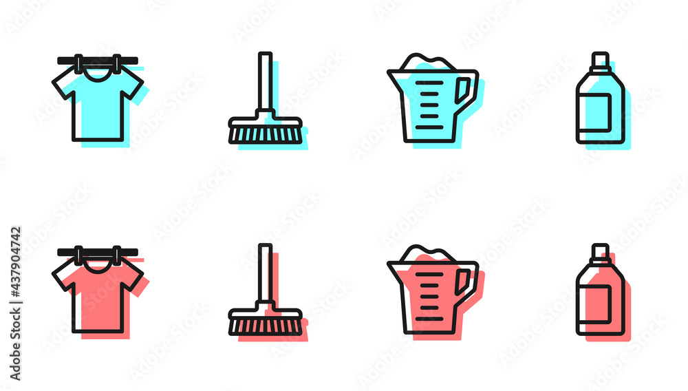 Set line Washing powder, Drying clothes, Handle broom and Bottle for cleaning agent icon. Vector