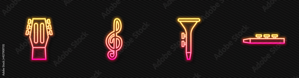 Set line Drum and drum sticks, Guitar, Treble clef and . Glowing neon icon. Vector