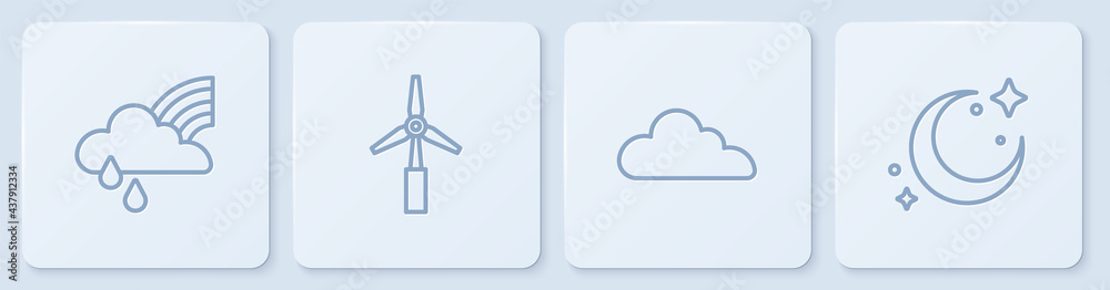 Set line Rainbow with cloud and rain, Cloud, Wind turbine and Moon stars. White square button. Vecto