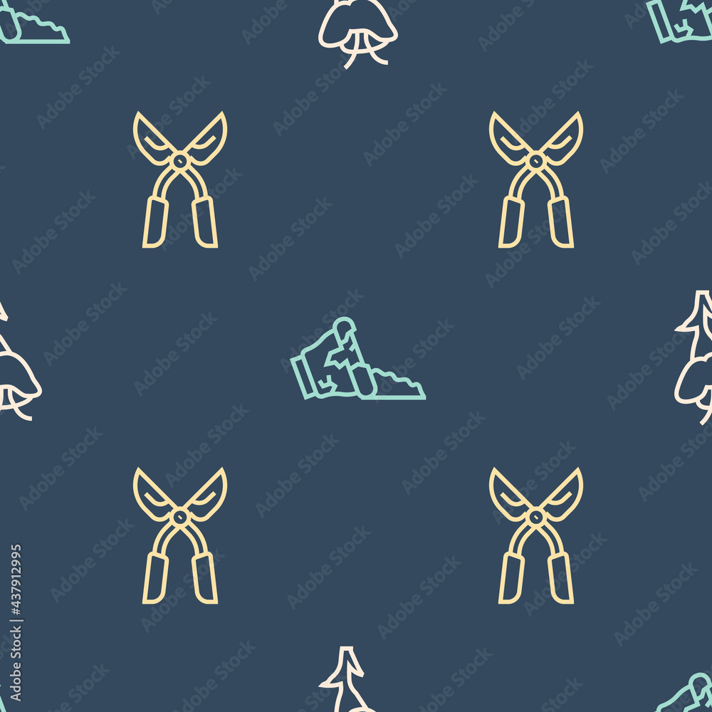 Set line Flower, Gardening handmade scissors and Broken pot on seamless pattern. Vector