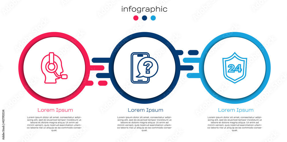 带耳机的电话接线员，24小时电话支持和。商业信息图模板。Vector