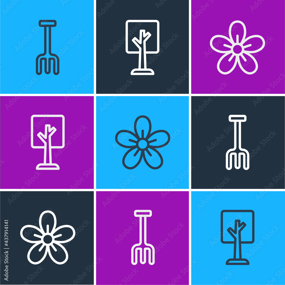 Set line Garden rake, Flower and Forest icon. Vector